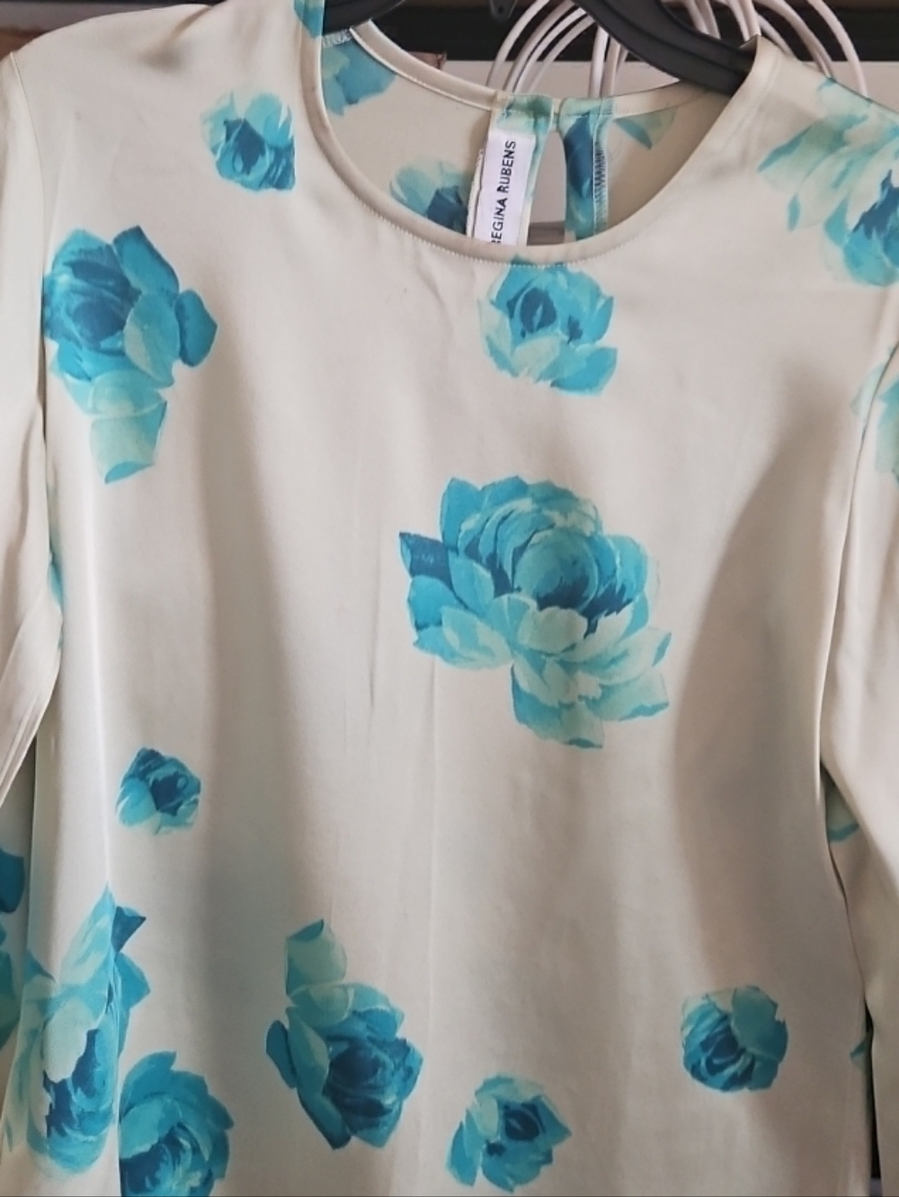 VTG Regina Rubens Top Blouse Women's Size Small Teal&White Satin Type France